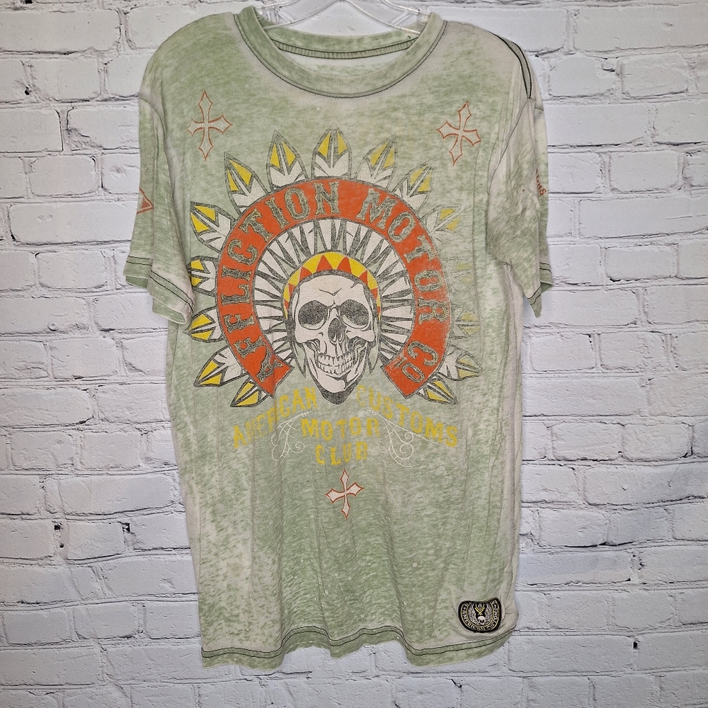 Affliction Motors Green Burn Out Indian Head Skull Graphic Tee Made In US Sz L